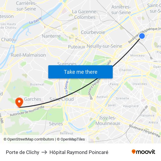Porte de Clichy to Hôpital Raymond Poincaré map