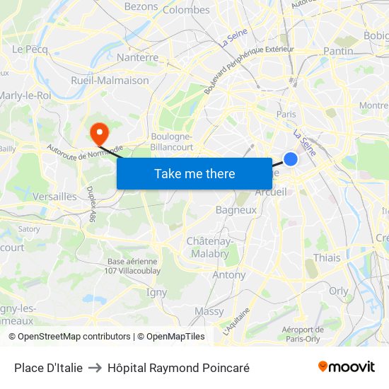Place D'Italie to Hôpital Raymond Poincaré map