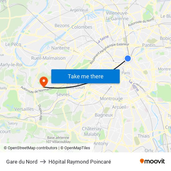 Gare du Nord to Hôpital Raymond Poincaré map