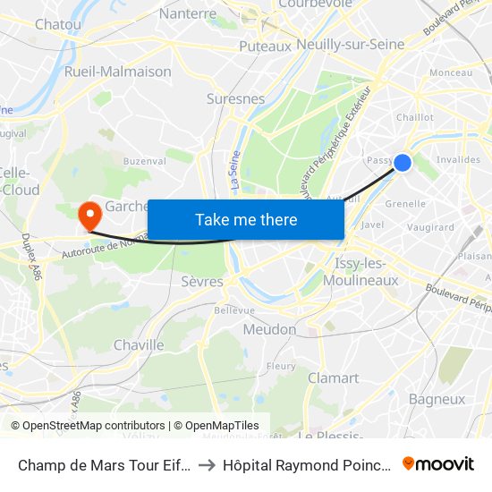 Champ de Mars Tour Eiffel to Hôpital Raymond Poincaré map