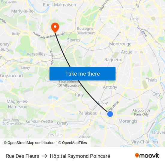 Rue Des Fleurs to Hôpital Raymond Poincaré map