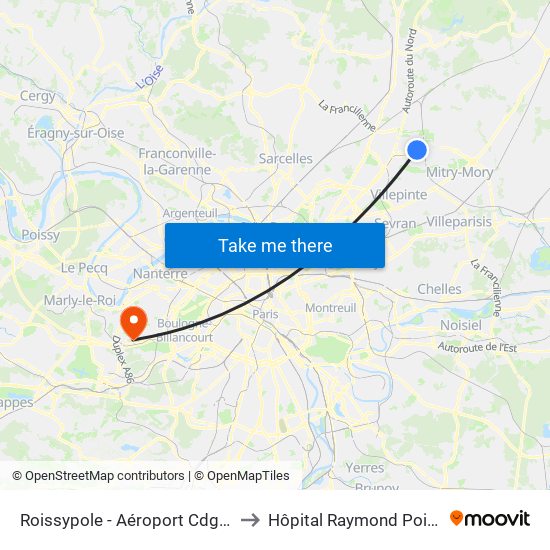 Roissypole - Aéroport Cdg1 (E2) to Hôpital Raymond Poincaré map