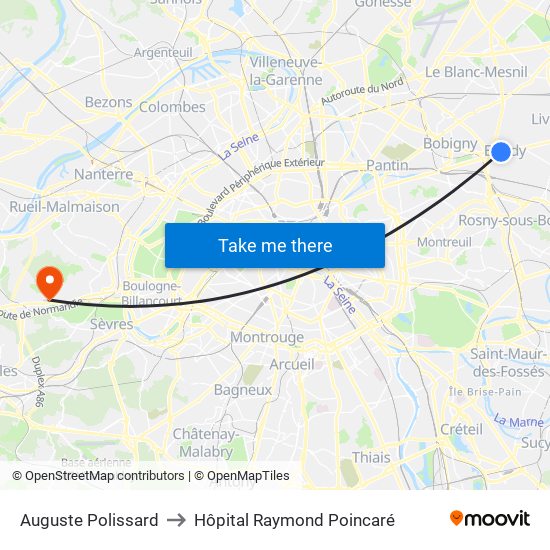 Auguste Polissard to Hôpital Raymond Poincaré map