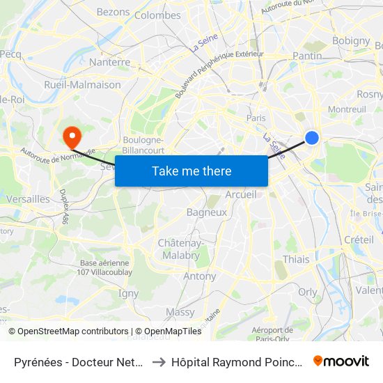 Pyrénées - Docteur Netter to Hôpital Raymond Poincaré map