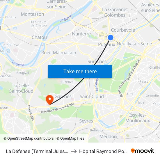La Défense (Terminal Jules Verne) to Hôpital Raymond Poincaré map