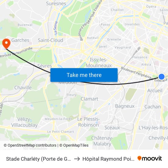 Stade Charléty (Porte de Gentilly) to Hôpital Raymond Poincaré map