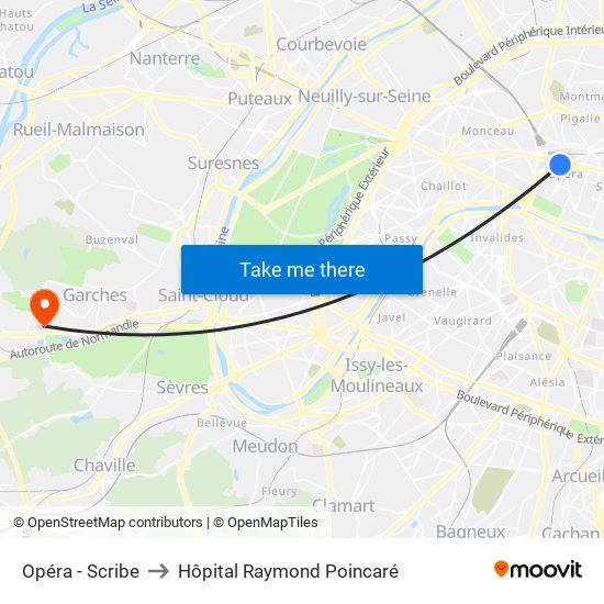 Opéra - Scribe to Hôpital Raymond Poincaré map