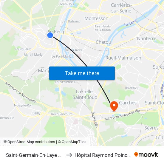 Saint-Germain-En-Laye RER to Hôpital Raymond Poincaré map