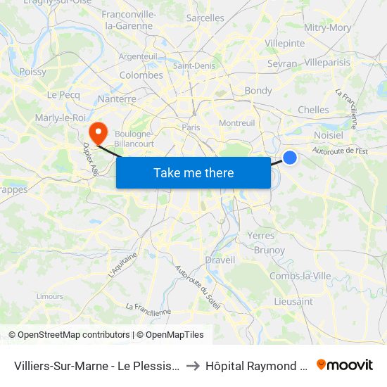 Villiers-Sur-Marne - Le Plessis-Trévise RER to Hôpital Raymond Poincaré map