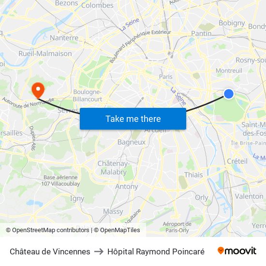 Château de Vincennes to Hôpital Raymond Poincaré map