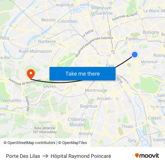 Porte Des Lilas to Hôpital Raymond Poincaré map