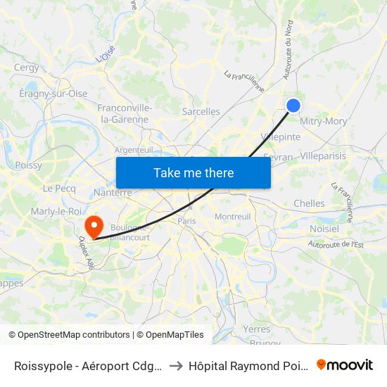 Roissypole - Aéroport Cdg1 (D1) to Hôpital Raymond Poincaré map