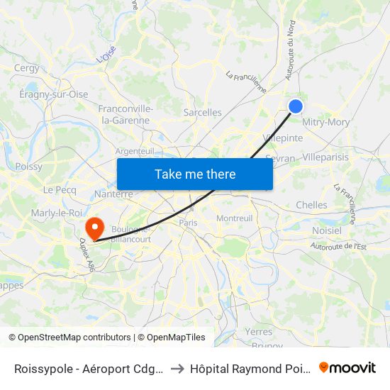 Roissypole - Aéroport Cdg1 (G1) to Hôpital Raymond Poincaré map