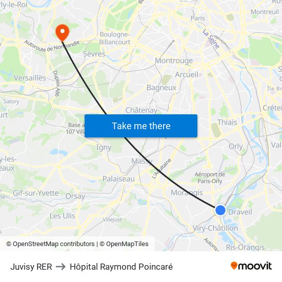 Juvisy RER to Hôpital Raymond Poincaré map