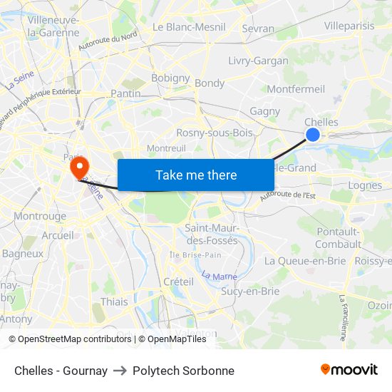 Chelles - Gournay to Polytech Sorbonne map