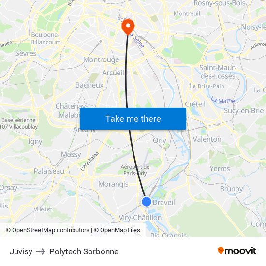 Juvisy to Polytech Sorbonne map