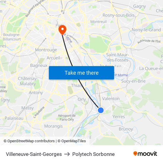 Villeneuve-Saint-Georges to Polytech Sorbonne map