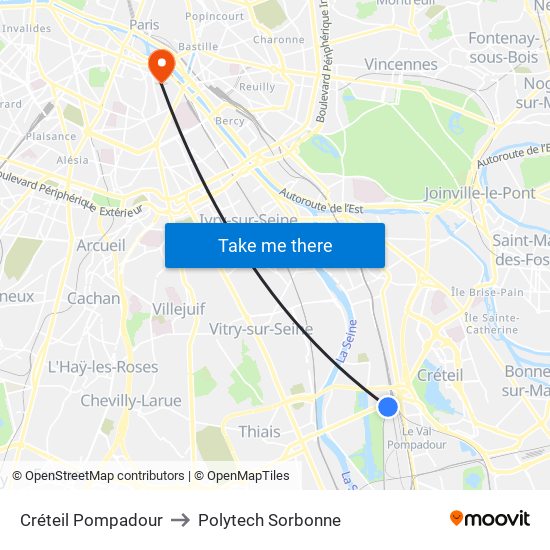 Créteil Pompadour to Polytech Sorbonne map