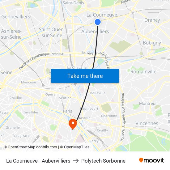 La Courneuve - Aubervilliers to Polytech Sorbonne map