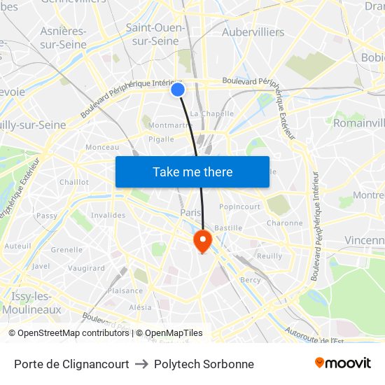 Porte de Clignancourt to Polytech Sorbonne map