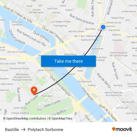 Bastille to Polytech Sorbonne map