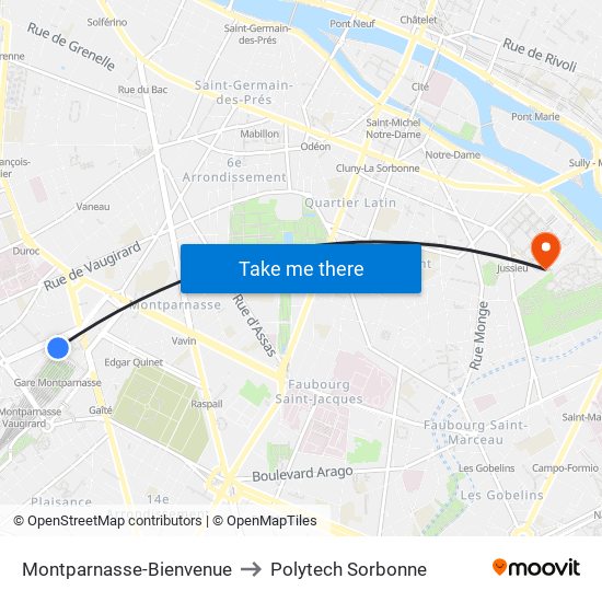 Montparnasse-Bienvenue to Polytech Sorbonne map