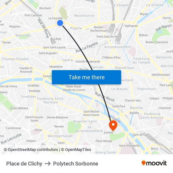 Place de Clichy to Polytech Sorbonne map