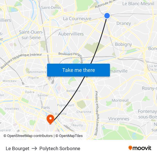 Le Bourget to Polytech Sorbonne map