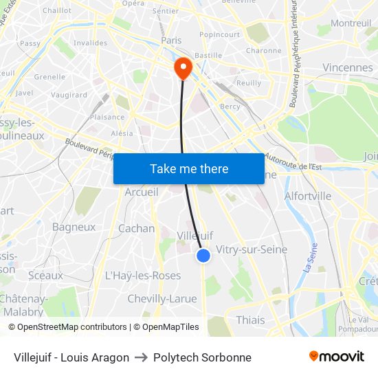 Villejuif - Louis Aragon to Polytech Sorbonne map