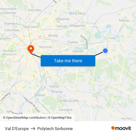 Val D'Europe to Polytech Sorbonne map