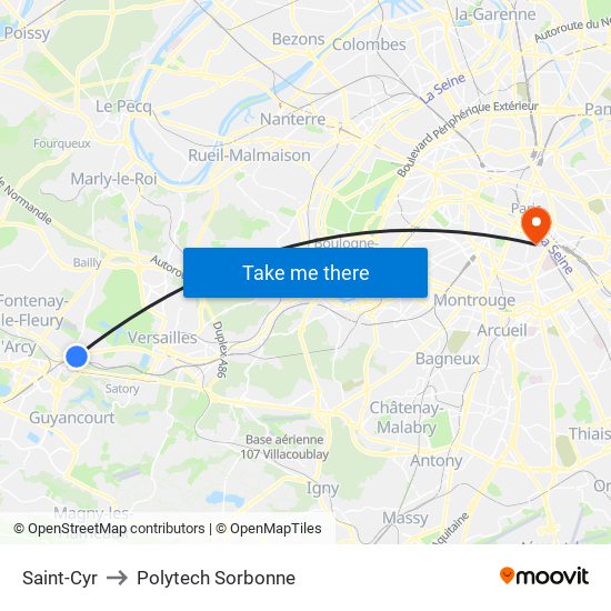 Saint-Cyr to Polytech Sorbonne map