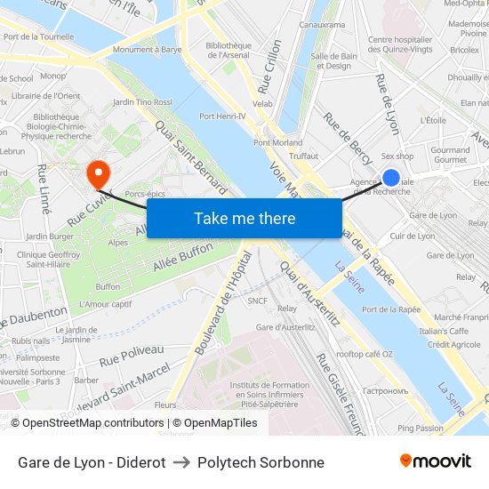 Gare de Lyon - Diderot to Polytech Sorbonne map