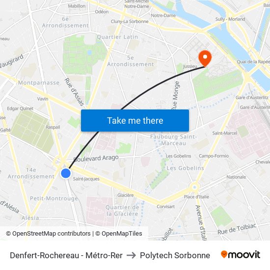 Denfert-Rochereau - Métro-Rer to Polytech Sorbonne map