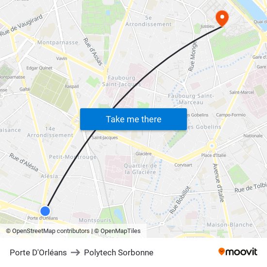 Porte D'Orléans to Polytech Sorbonne map