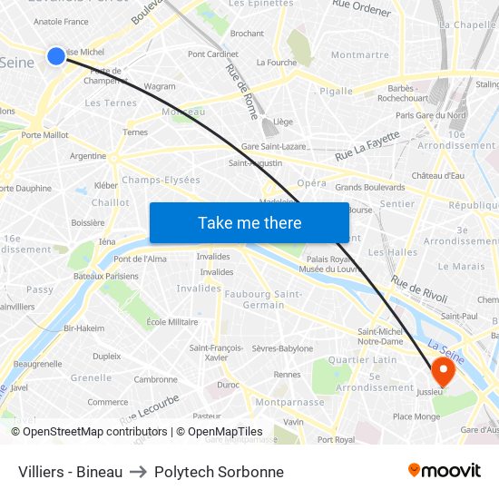 Villiers - Bineau to Polytech Sorbonne map
