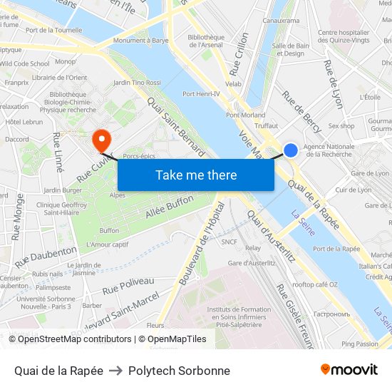 Quai de la Rapée to Polytech Sorbonne map