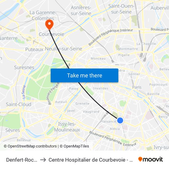 Denfert-Rochereau to Centre Hospitalier de Courbevoie - Neuilly-Sur-Seine map