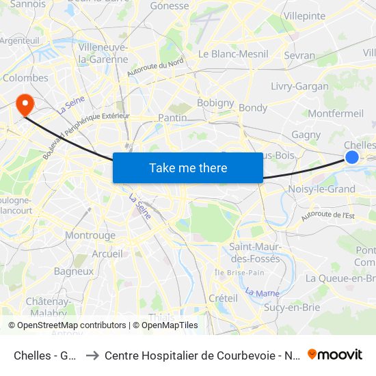 Chelles - Gournay to Centre Hospitalier de Courbevoie - Neuilly-Sur-Seine map