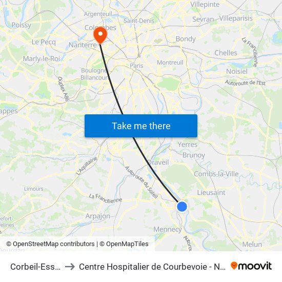 Corbeil-Essonnes to Centre Hospitalier de Courbevoie - Neuilly-Sur-Seine map