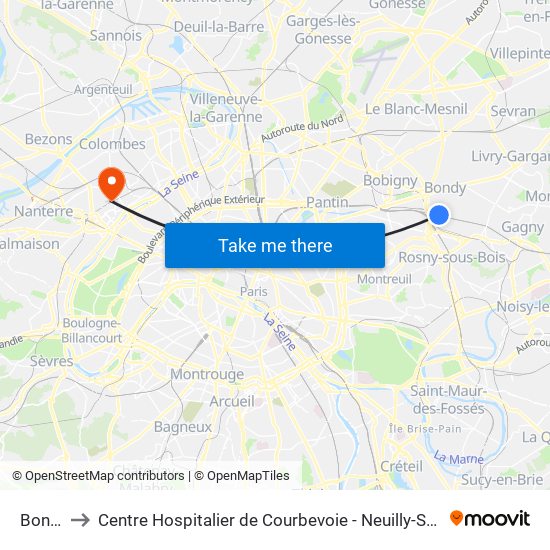 Bondy to Centre Hospitalier de Courbevoie - Neuilly-Sur-Seine map