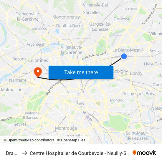 Drancy to Centre Hospitalier de Courbevoie - Neuilly-Sur-Seine map