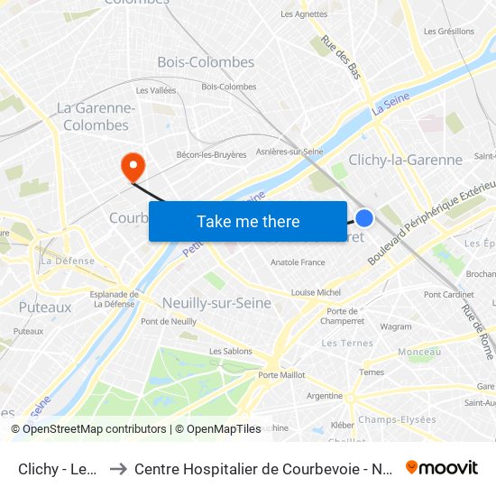 Clichy - Levallois to Centre Hospitalier de Courbevoie - Neuilly-Sur-Seine map