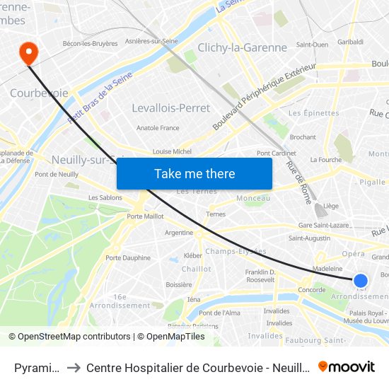 Pyramides to Centre Hospitalier de Courbevoie - Neuilly-Sur-Seine map