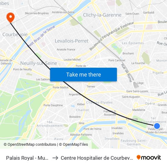Palais Royal - Musée du Louvre to Centre Hospitalier de Courbevoie - Neuilly-Sur-Seine map