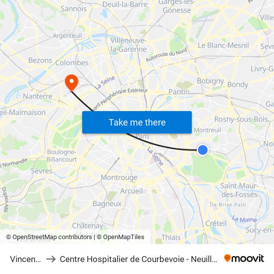 Vincennes to Centre Hospitalier de Courbevoie - Neuilly-Sur-Seine map
