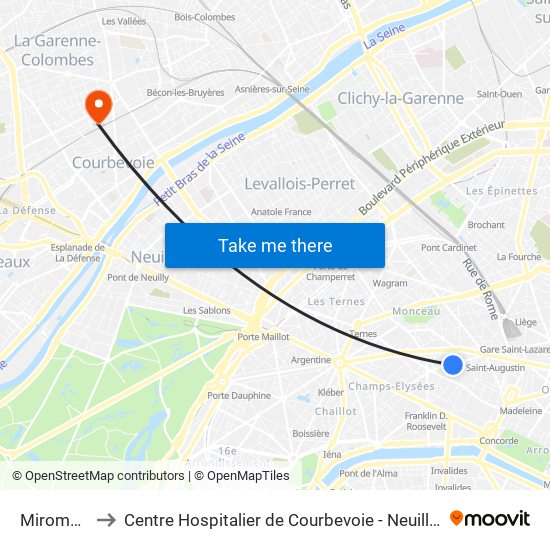 Miromesnil to Centre Hospitalier de Courbevoie - Neuilly-Sur-Seine map