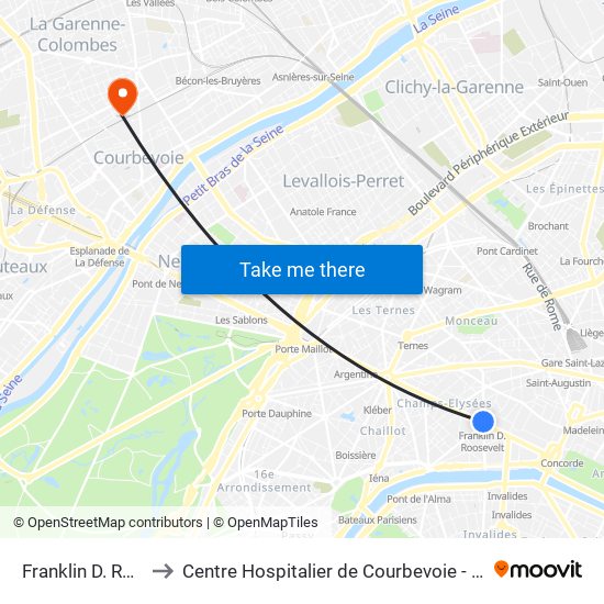 Franklin D. Roosevelt to Centre Hospitalier de Courbevoie - Neuilly-Sur-Seine map