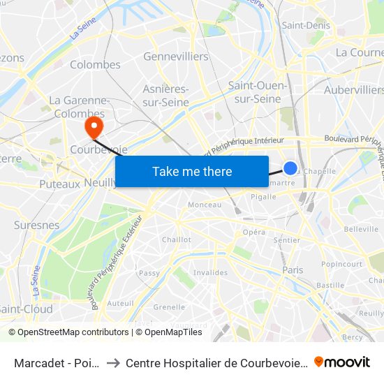 Marcadet - Poissonniers to Centre Hospitalier de Courbevoie - Neuilly-Sur-Seine map