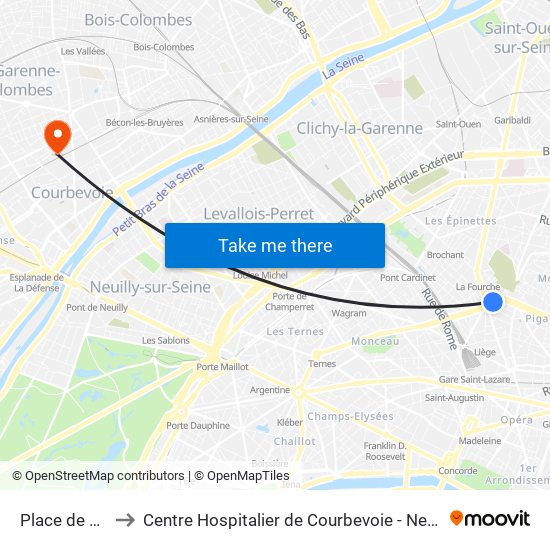 Place de Clichy to Centre Hospitalier de Courbevoie - Neuilly-Sur-Seine map