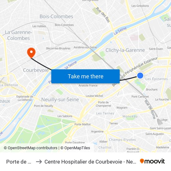 Porte de Clichy to Centre Hospitalier de Courbevoie - Neuilly-Sur-Seine map